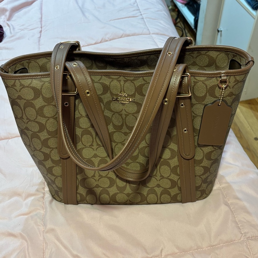 COACH Tote Bag Ashton Logo Zip Top Tote Bag Khaki Saddle - Picture 3 of 7